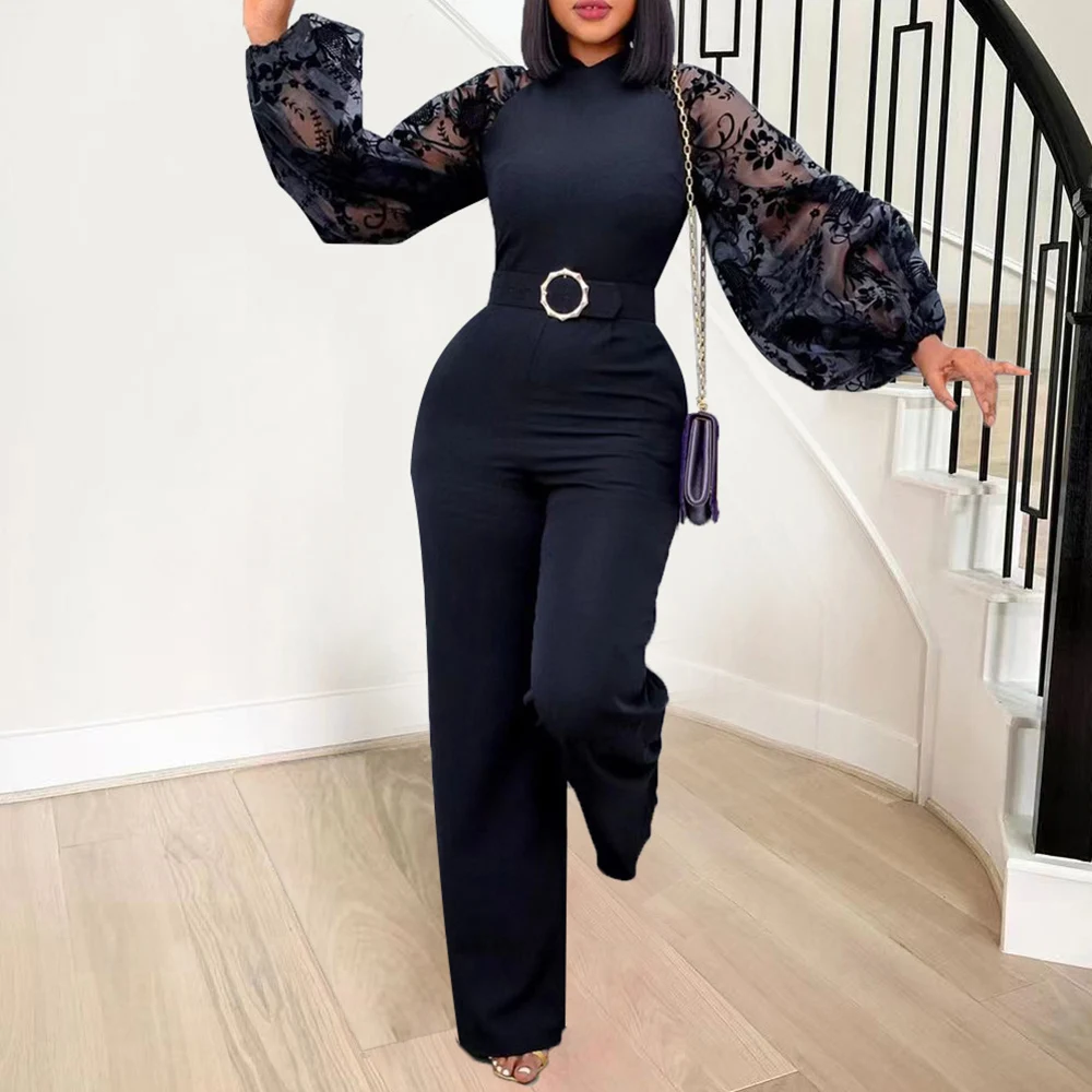 Elegant Lace Patchwork Embroidery Chic Women's Jumpsuit Mesh Puff Sleeve Round Neck Slim With Belt Straight High Street Bodysuit