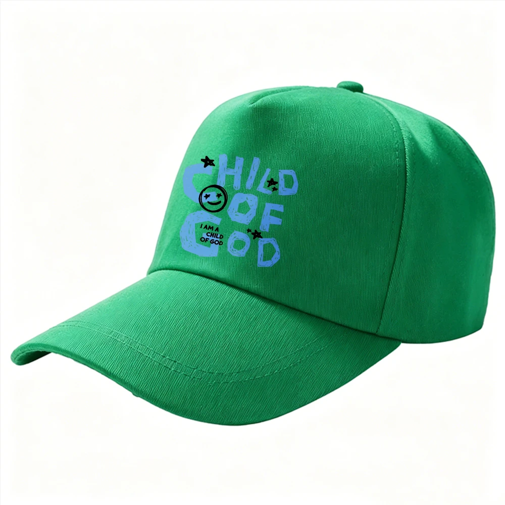 Adjustable Cotton Baseball Cap Child of God Light Blue Hand Drawn Letter Smiley Star Print Religious Faith Outdoor Sun Casual