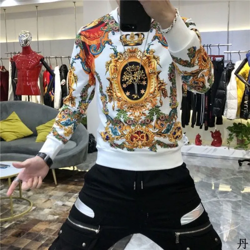 Men's Slim-Fit Long-Sleeved Sweatshirt Fleece-Lined Thickened Korean Style Fashion Brand Distinctive Print Pattern