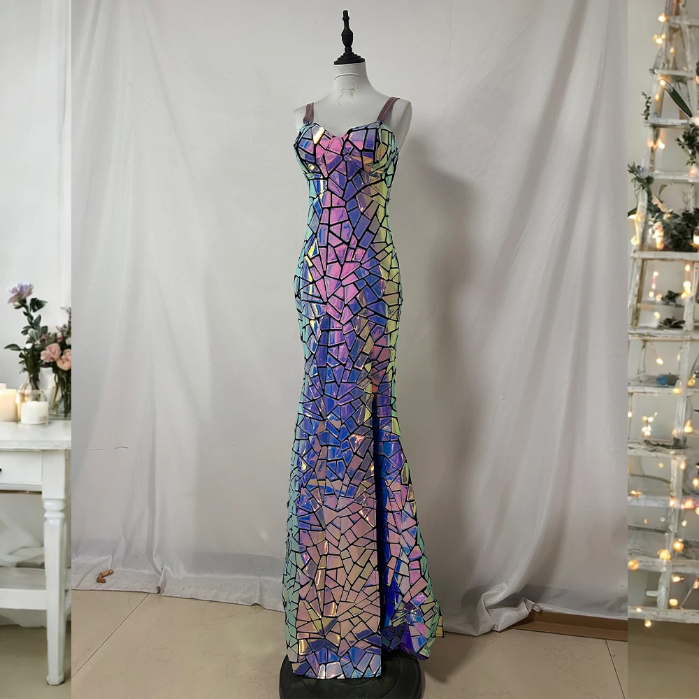 

Iridescent Mosaic Strapless High-Slit Mermaid Gown Evening Party Laser-Cut Sequined Fitted Long Dress