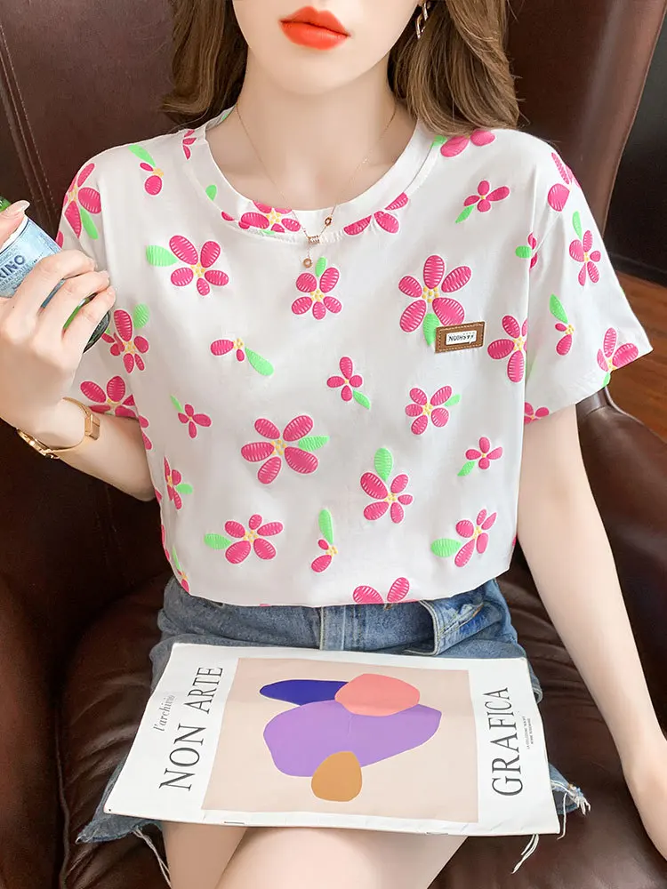 100% Cotton Floral Printed T-shirts for Women 2023 Summer Short Sleeve T Shirt Female Casual O-neck Tops Tees Tshirt