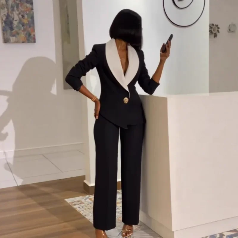 Guwu outono escritório feminino calça ternos elegante contraste cor manga longa fino blazer topo e calças retas conjuntos de duas peças