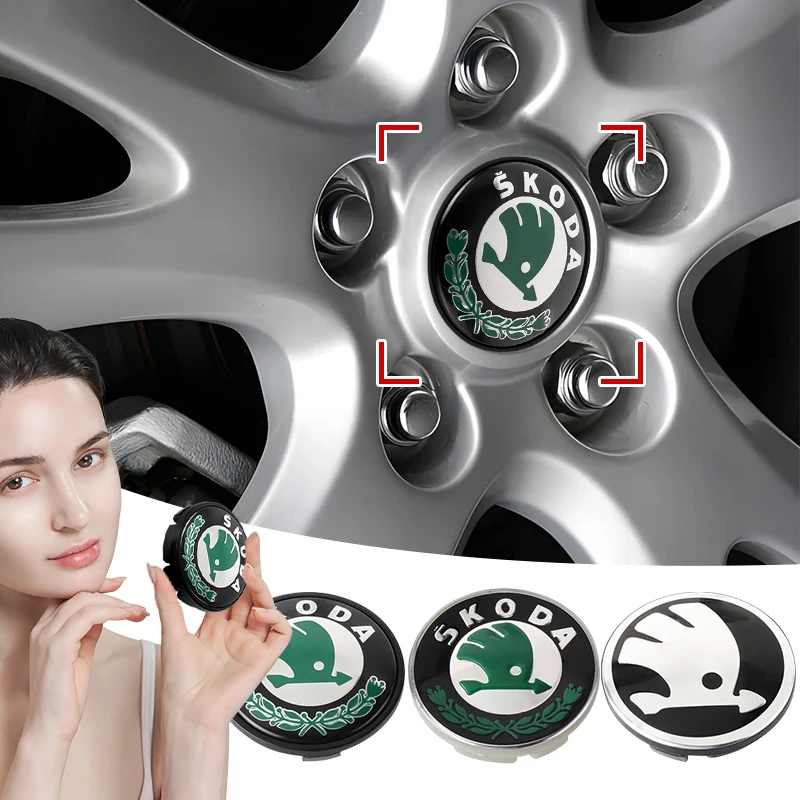 4 Stück 56mm Auto-Radnaben-Zentralkappen Felgenabdeckung Emblem für Skoda Octavia 1 2 3 A4 A5 MK2 Kodiaq Superb 3 Rapid Fabia 1
