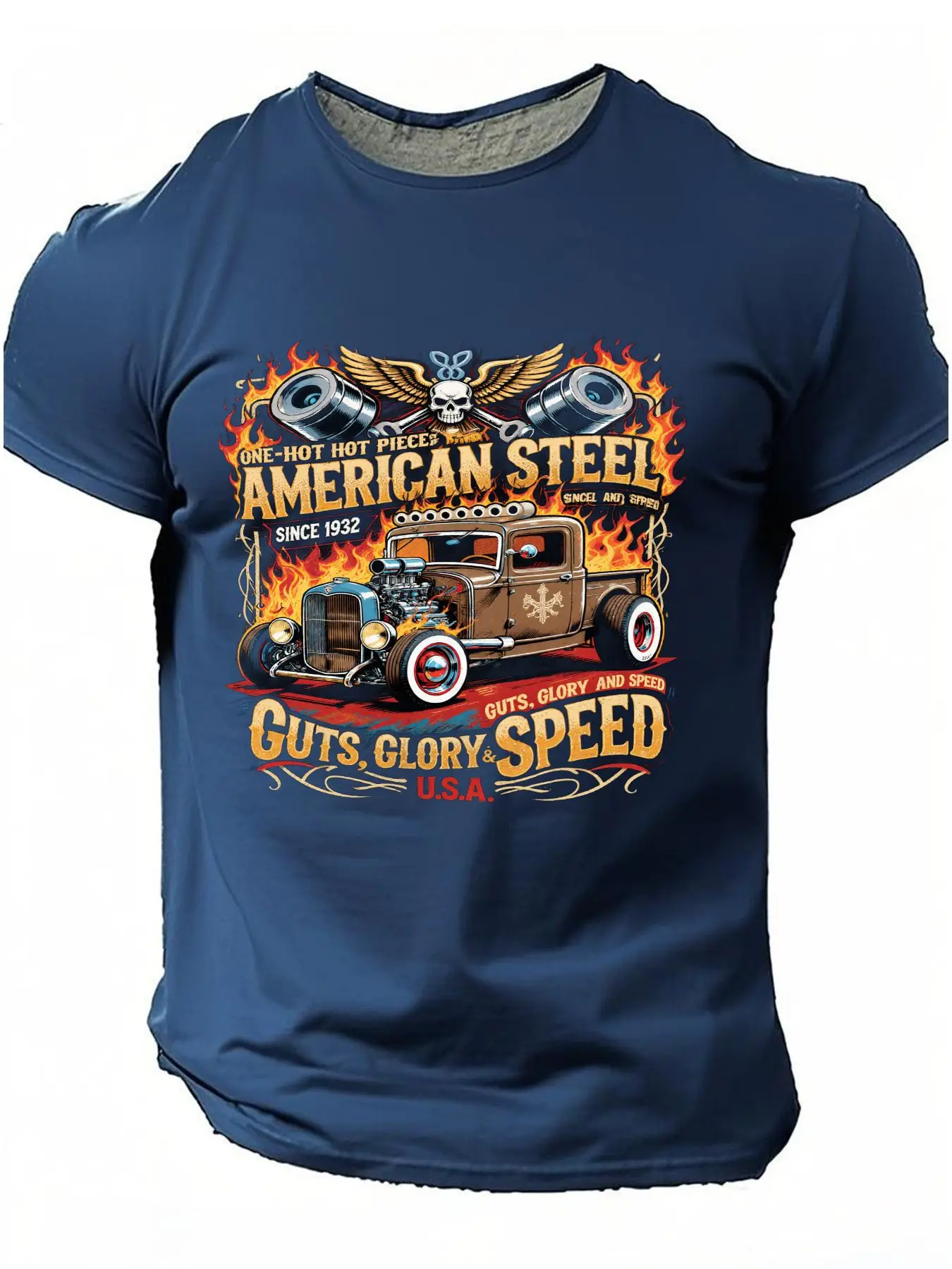 Men'S Vintage Hot Rod T-Shirt - Retro 1960s Muscle Car & Hot Rod Design with Skull & Flames Graphic, Guts Glory Speed U.S.A. Slo