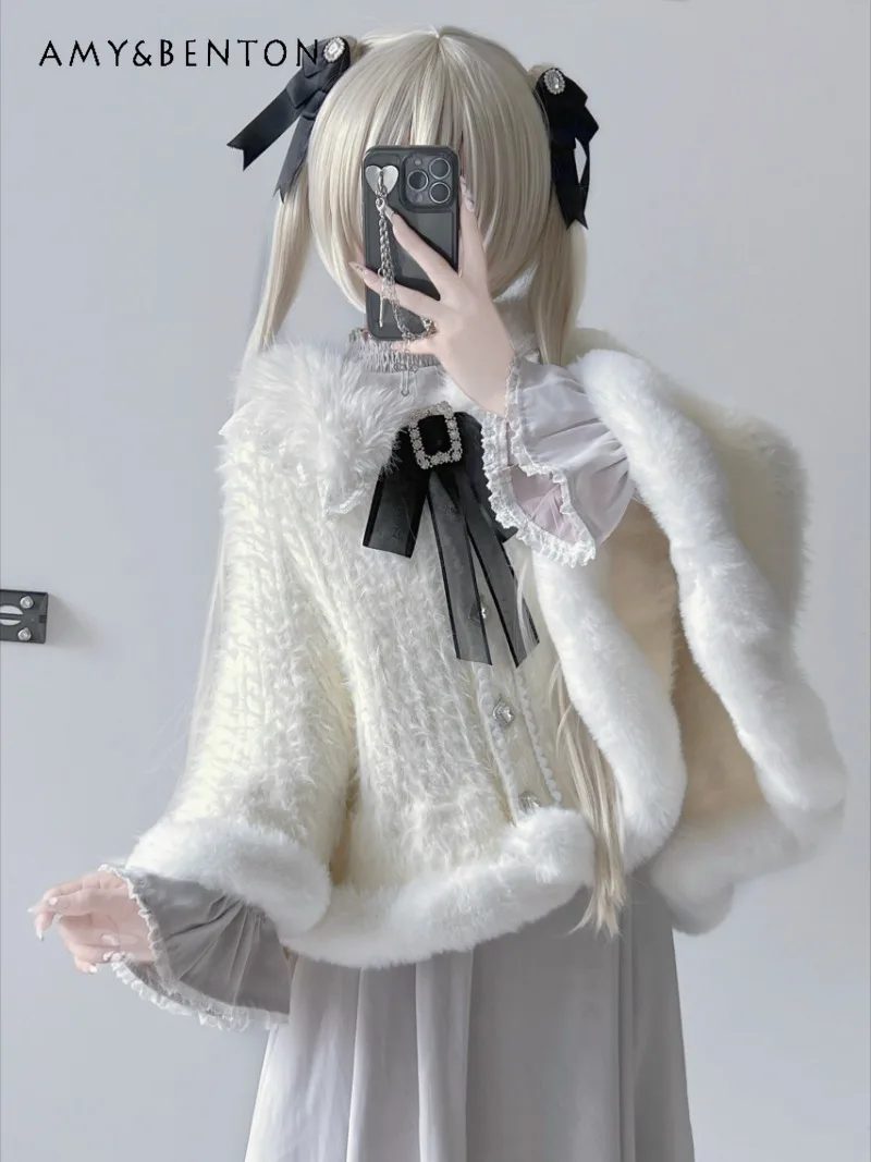 

Winter New Sweet Girl Sweater Cape Japanese Mine Series Mass Production Lolita Plush Cape Jacket Cute Bow Thicken Warm Cloak