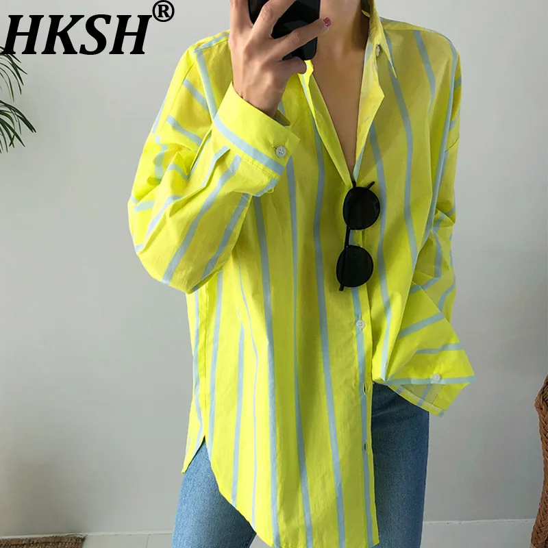 

HKSH весенне-осенние новые женские рубашки в полоску с отложным воротником и длинными рукавами, однобортная корейская универсальная повседневная блузка HK11750