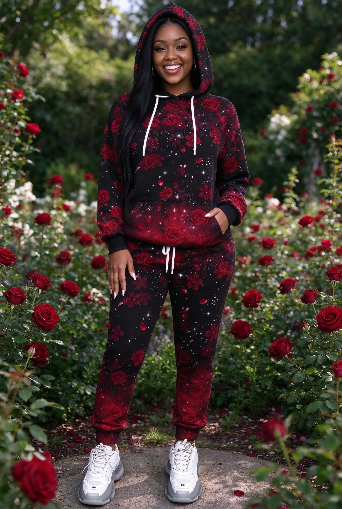 Women Galaxy Floral Print Hooded Tracksuit 2Pcs, Hydrangea Cherry Blossom Rose Starry Sky Drawstring Hoodie Jogger Set