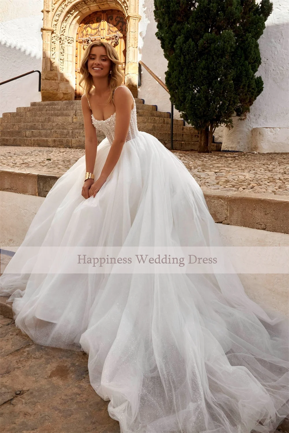 Personalizzato a-line Sweetheart Spaghetti Strap senza maniche Glitter Tull abito da sposa indietro Lace Up abito da sposa vestidos de novia