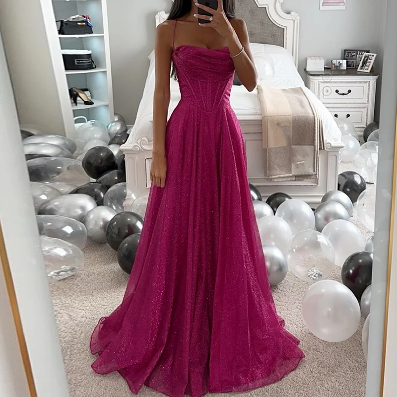 Elegant Sleeveless Swing Dresses Sexy Backless Spaghetti Strap Floor-length Dress Fashion Sequins Nipped Waisted Evening Dresses