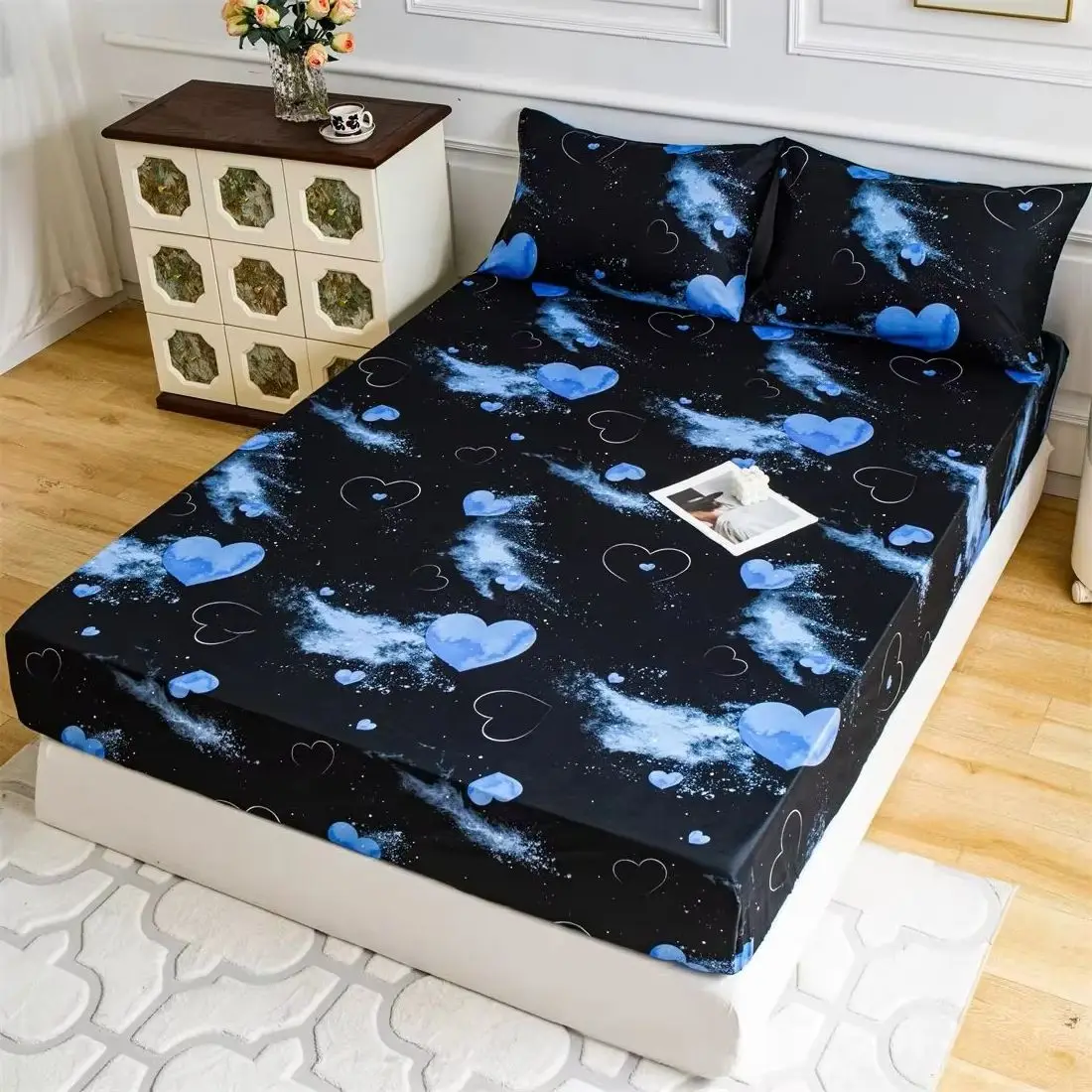 1pc Bedsheet Dark Blue Ocean Heart Bed Fitted Sheets Mattress Cover (Excluding Pillowcase)Home Bed Cover