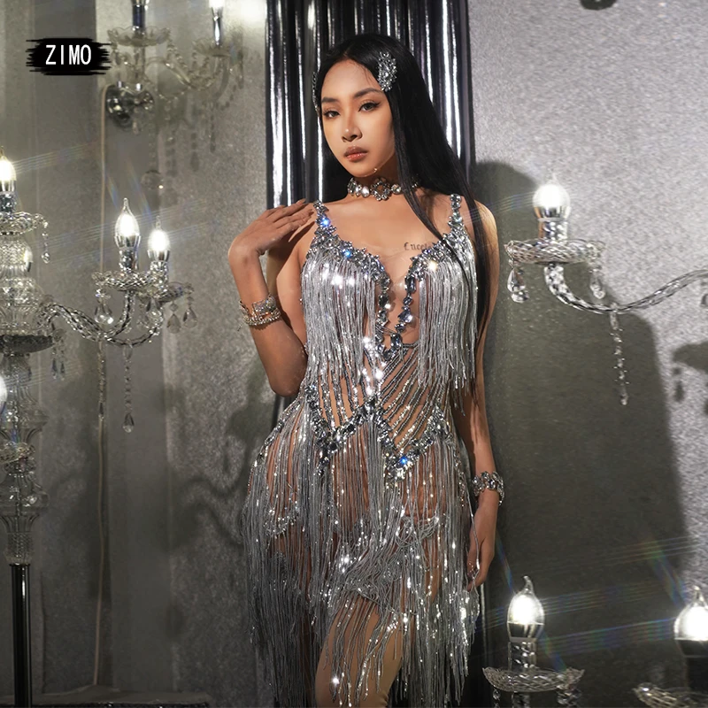 

2023 Sparkly Silver Fringe Mesh Transparent sequin crystals Dress sexy Birthday Celebrate Latin Dancer drag queen costumes stage