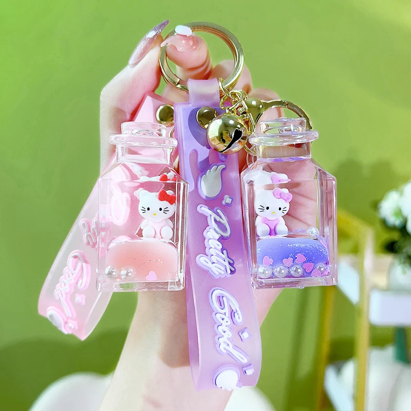 Sanrio Cute Wishing Liquid Bottle Keychain Creative Moving Sequins Acrylic Key Holder Female Bag Pendant Keyring Gifts