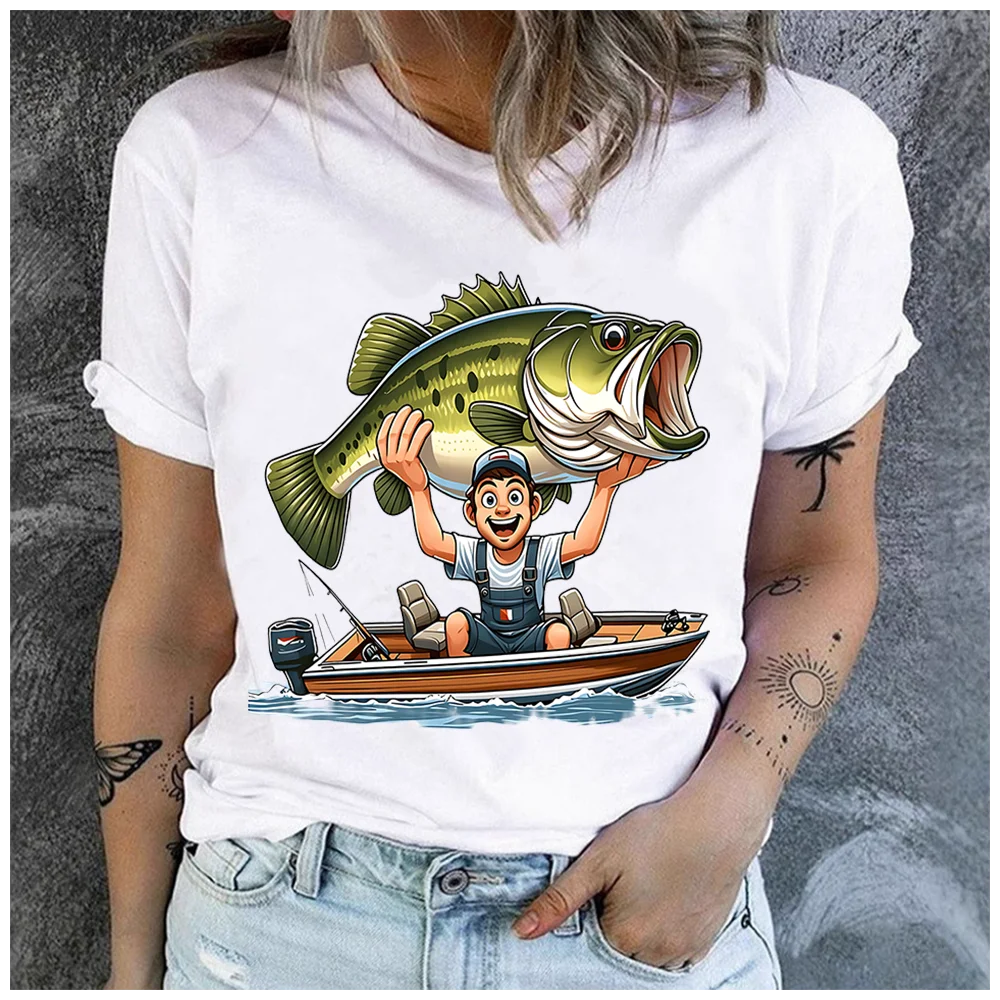 Women's Cotton 100% fish and fishing boat Print T-shirt Loose round Neck Casual Short Sleeve Fashion Top  Clothing Summer
