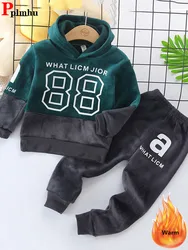 Winter Patchwork Velvet Boys 2 Piece Sets Handsome Thick Hooded Sweatshirt Kids Conjunto Warm Jogger Pants Tracksuit Child Suit