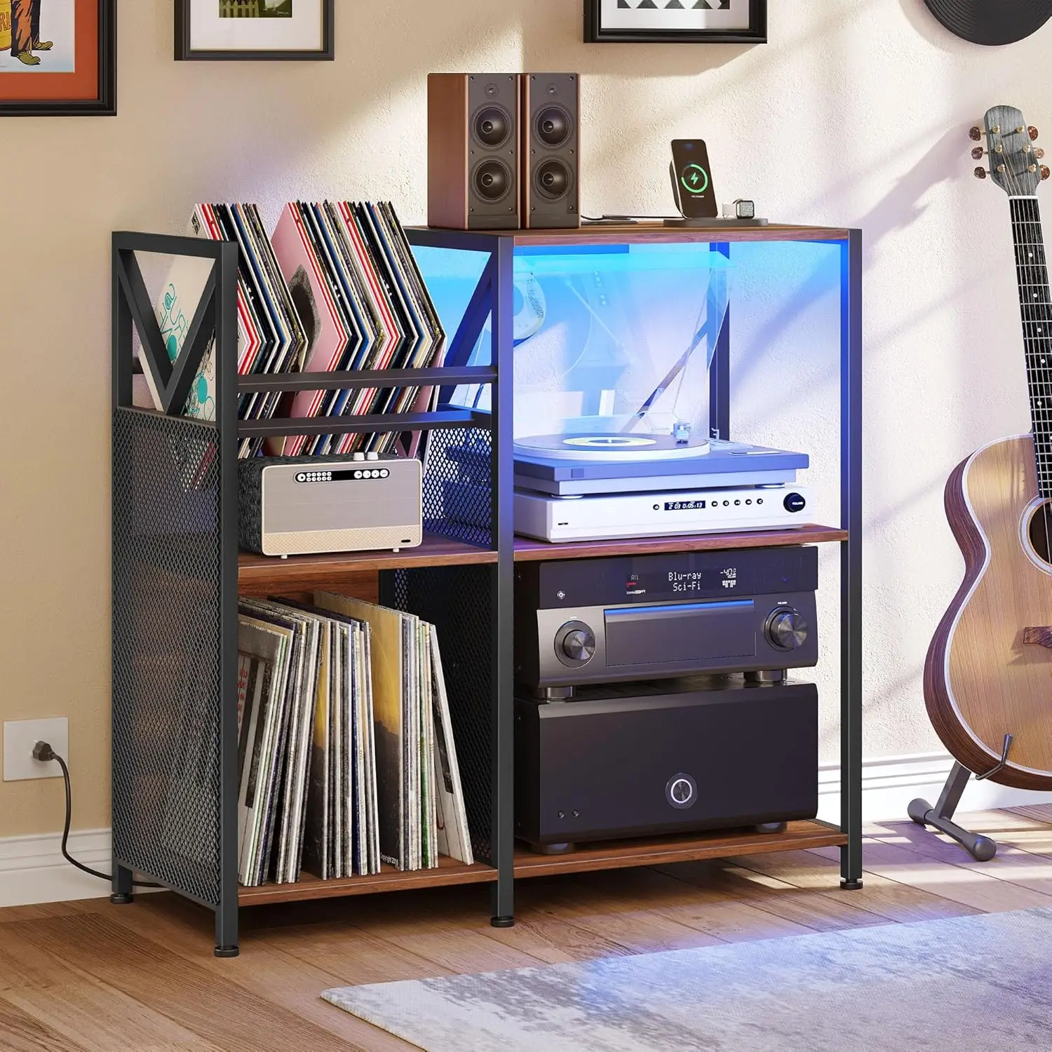 

3-Tier Vinyl Record Stand with Power Outlets & RGB LED Lights, Holds 300+ Albums, Sturdy Metal Frame for Living Room
