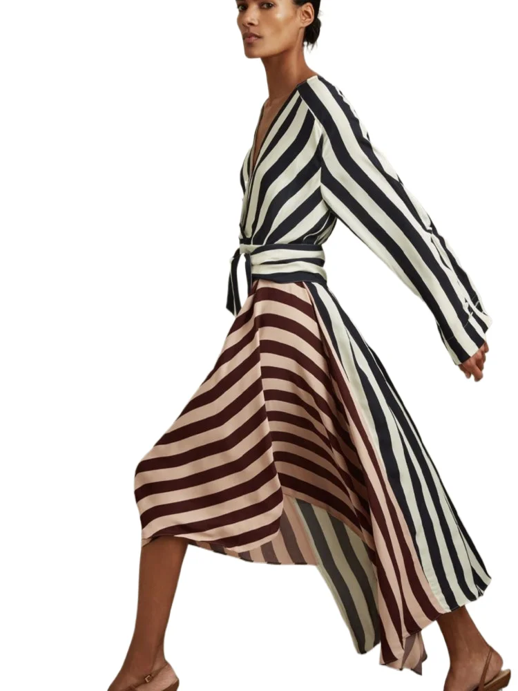 

Striped Printed V-neck Long Dress Women 2025 Spring Summer Fashion Sexy Elegant Beach Vacation Casual Long Sleeve Maxi Dresses