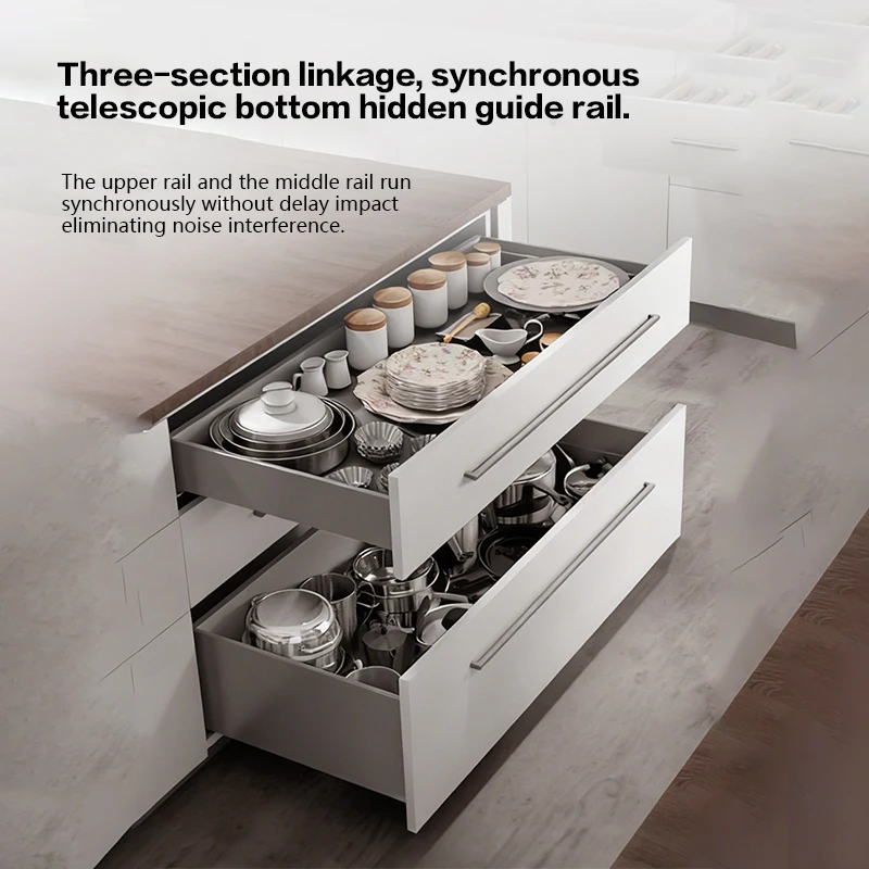 STARSHINE Drawer slide rail bottom support three-section synchronous linkage full-pull slide damping buffer drawer hidden rail