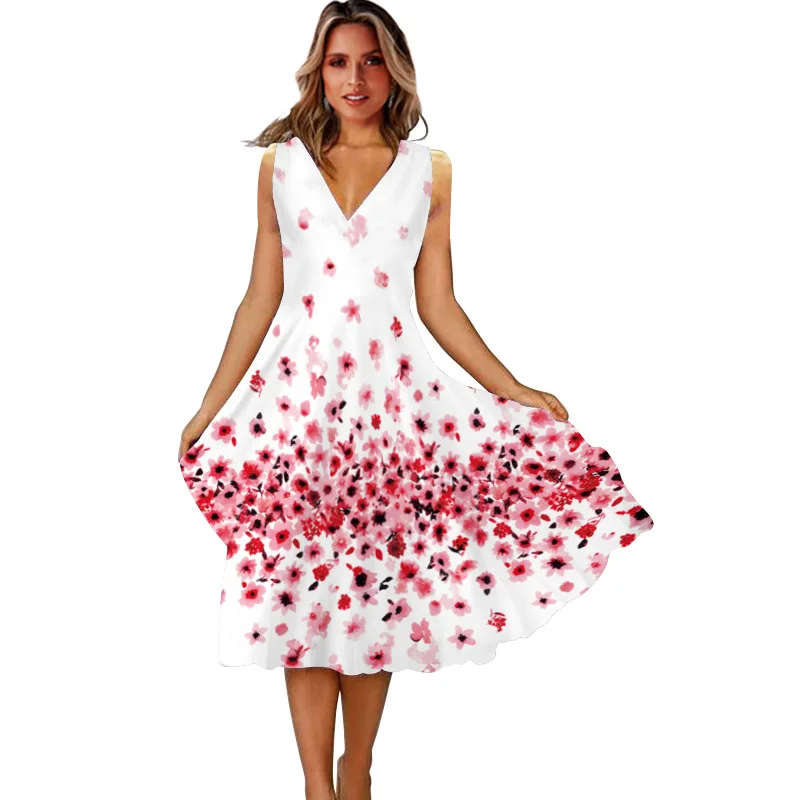 

2022 Europe and America Border Foreign Trade Women's Clothing Floral Print Sleeveless Swing Dress