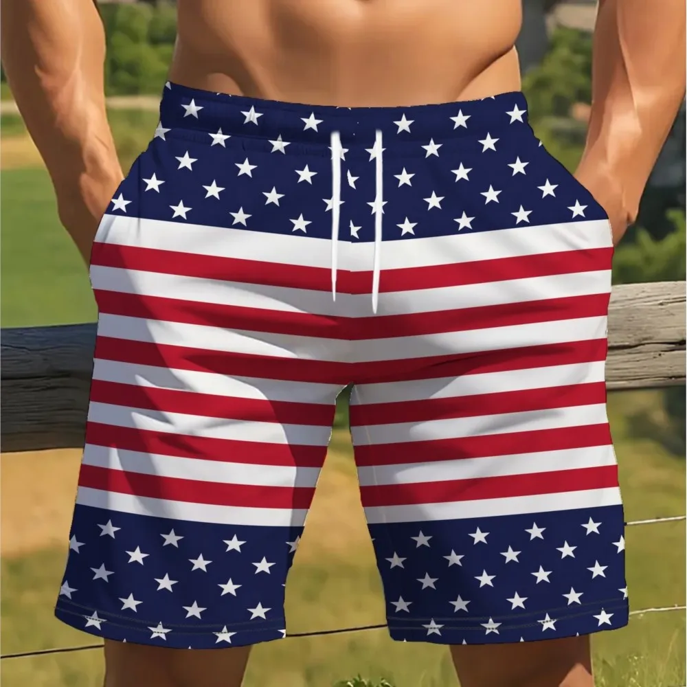 26 Summer New Men's Shorts US Independence Day Commemorative Casual Outdoor Sports Quick Drying Mesh Hawaii Vacation Shorts