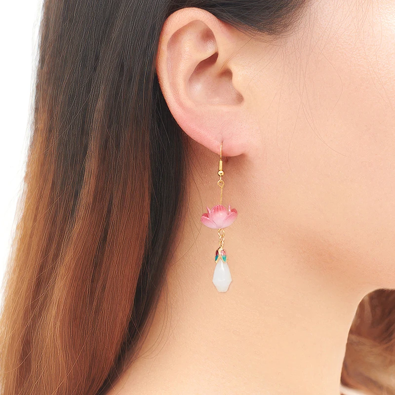 1Pair Unique Exquisite Lotus Earrings Elegant Pink Flower Asymmetric Drop Stud Earrings For Women VintageJewelry Accessories