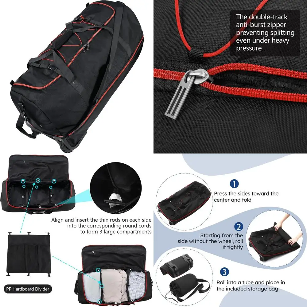 

Expandable Rolling Duffle Bag 110L-140L, 32 Soft-Sided with 2 Wheels, 3 Compartments, Adjustable for Travel