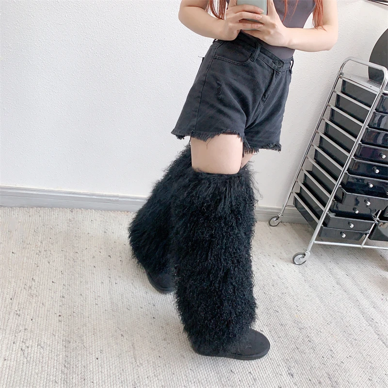 Women Popular Fashion Design Furry Mongolian Fur Leg Warmers High Quality Ready to Ship Leg Warmers boots