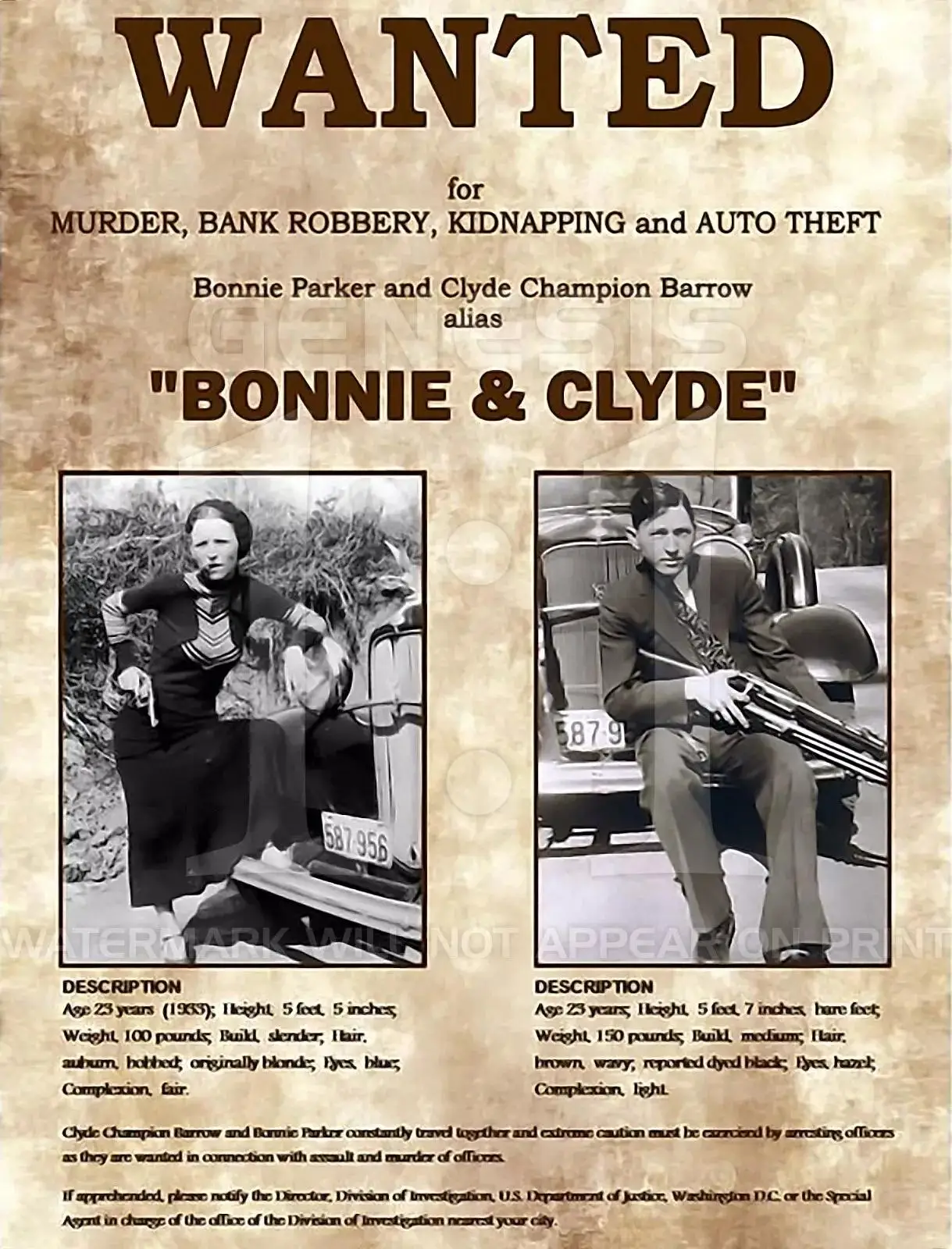 BONNIE AND CLYDE PHOTO WANTED POSTER 1REPRINT Wall Art SILK POSTER Decorative Painting Wall Painting