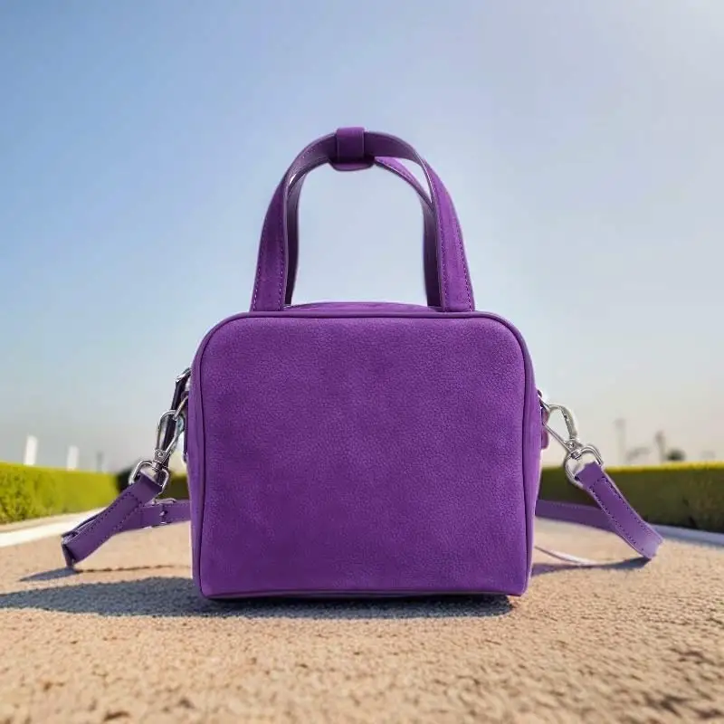 

Luxury Cowhide Suede Crossbody Shoulder Bag,Genuine Leather Women Bowling Tote Bag,Lunch Box Shaped Sling Bag,Zipper Handbag