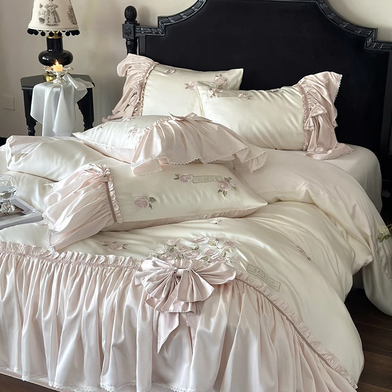 Rose Flowers Embroidery Bedding Set Luxury Bow Princess Duvet Cover Bed Sheet Pillowcases Super Soft Lyocell Cotton Bedclothes