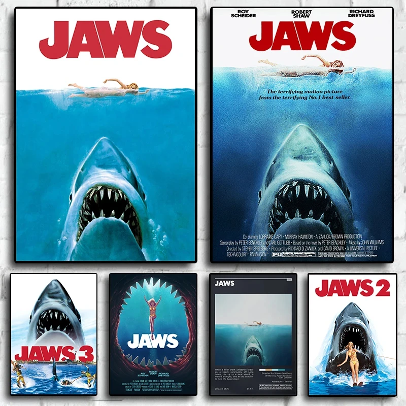 Película clásica de tiburón de terror Jaws 1, 2, 3, colección de película, póster Vintage, pintura en lienzo, imágenes artísticas de pared, regalo de decoración del hogar