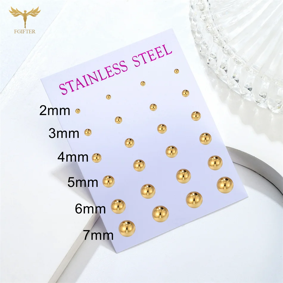 12 Pairs 2-7mm Mixed Size Solid Ball Earrings Set Women Men Stainless Steel Piercing Jewelry Minimalist Big Small Globe Ear Stud