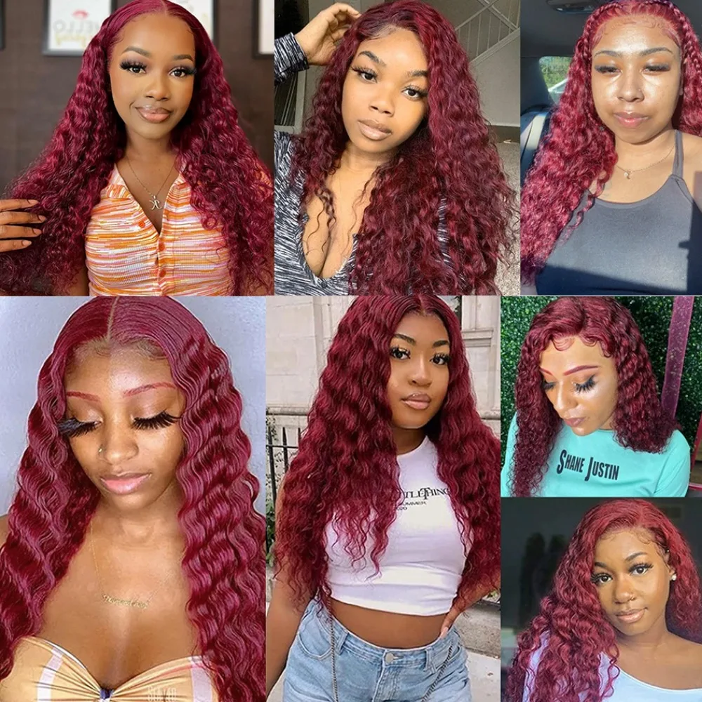 100%人毛ディープウェーブ99Jバーガンディ13x4レースフロントウィッグ13x6カーリー38インチHDレースフロントウィッグレッドウォーター縮れ毛ブラジリアン
