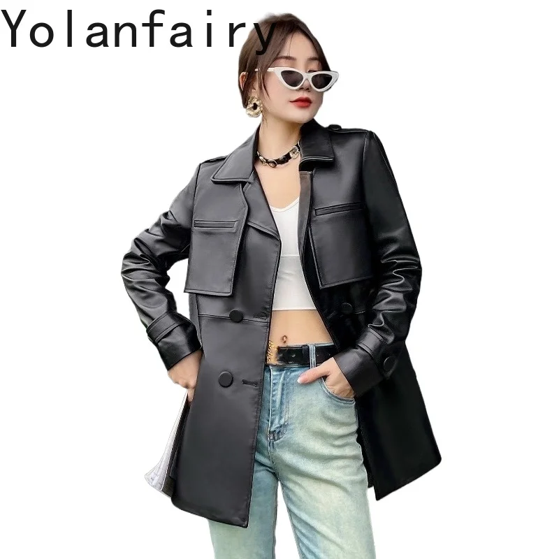 

YOLANFAIRY Women Mid-length Genuine Sheepskin Leather Jacket 2026 New Autumn Slim Fit Black Casual Real Leather Trench Coat