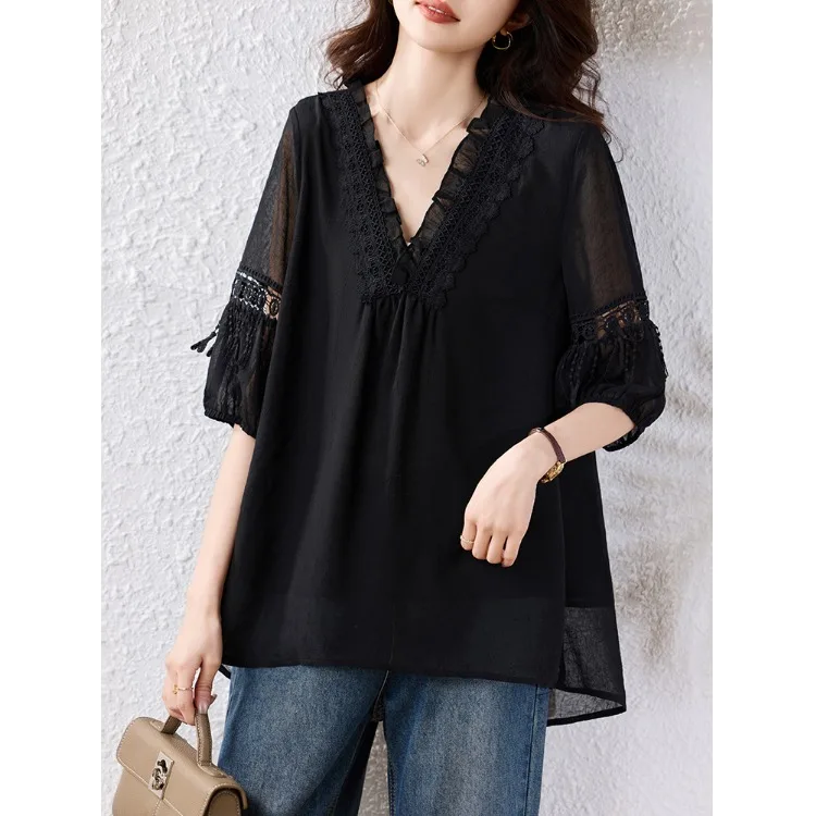 Giuntura in pizzo scava fuori V-Ne Loose irt Colore da donna dimagrante Taglia grande disponibile Cotone estivo Colore puro irt