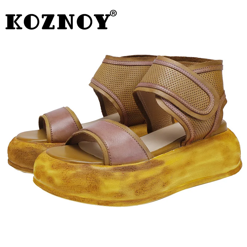 

Koznoy 6.5cm New Genuine Leather Fashion Mary Jane Ankle Booties Peep Toe Summer Sandals Platform Wedge Hook Summer Women Shoes