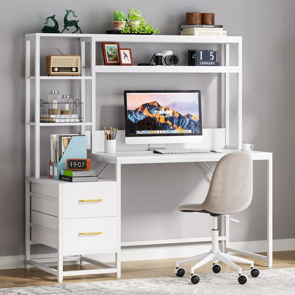 55 Inch Computer Desk with 2 Drawers and Storage Shelves, Wihite Office Desk with Hutch, Modern Study Writing Gaming Table