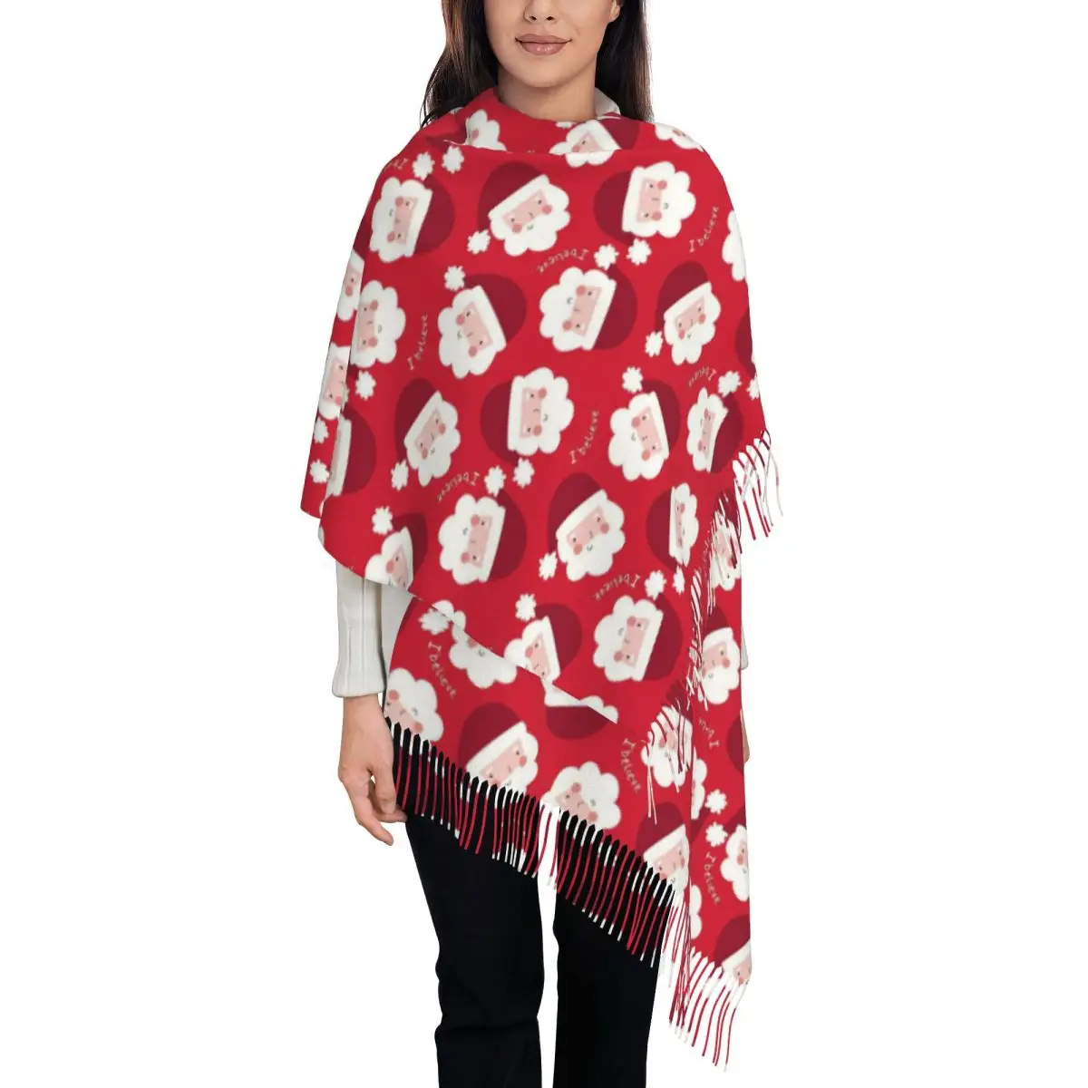 Womens Scarf with Tassel Cute Christmas Santa Claus Single-sided Pattern Winter Warm Shawl and Wrap Daily Wear Pashmina Scarves