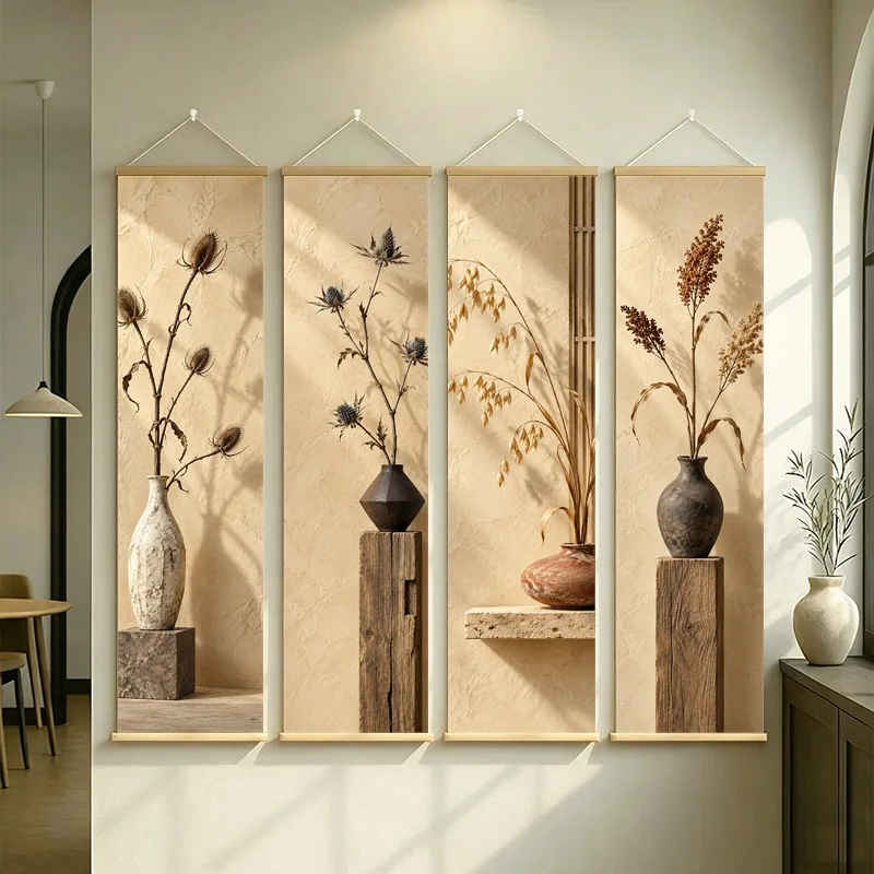 Wall Decor Dried Sea Holly and Sorghum, Wabi-Sabi Silver Shimmer Canvas Hanging Scroll for Japandi Living Room Home Decor