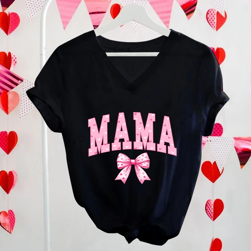 MAMA Heart Bowknot Print Women’s Tshirt Pink Bowknot Pattern Creative Shirt Mom Valentine Gifts Tops Tees Fashion V Neck T Shirt