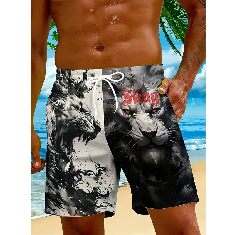 Summer Men's 2026 Model Fierce Tiger 3D Print Beach Shorts for Outdoor Sports - Quick-Relaxing Elastic Waist Sports Shorts