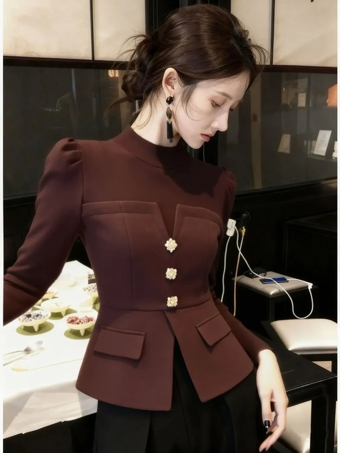 Women's Elegant High Neck Solid Patchwork Button Blouse 2026 Spring Autumn Pullover Base Layer Office Top