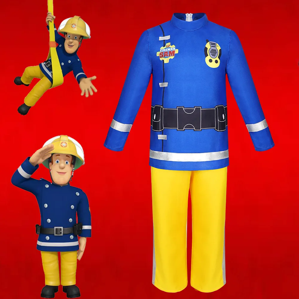Disfraz de Bombero Sam para Niños, Disfraz de Halloween para Actuaciones, Traje de Bombero Sam, Fibra de Triacetato 100%