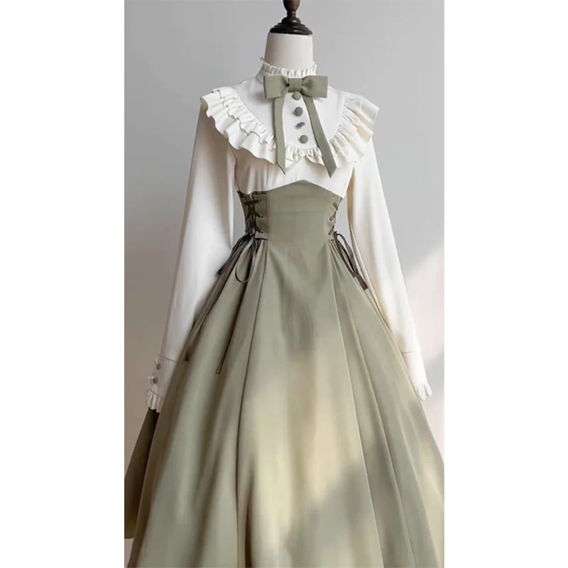 Vintage Schleifenkleid für Damen, Harajuku Lolita Rüschen Patchwork Bandage Kleider, Elegantes Stehkragen Langarm Bodycon A-Linien-Kleid