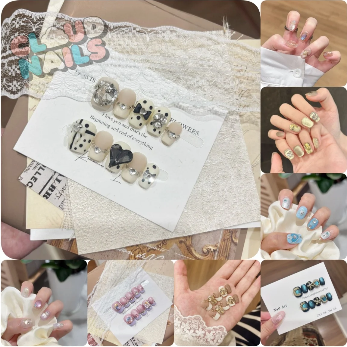 

10PCS Pure Handmade Short French Style Gradual Bursting Glass Beads Cat Eye Bow Colored Relief Hand-painted Gilded Presson Nails