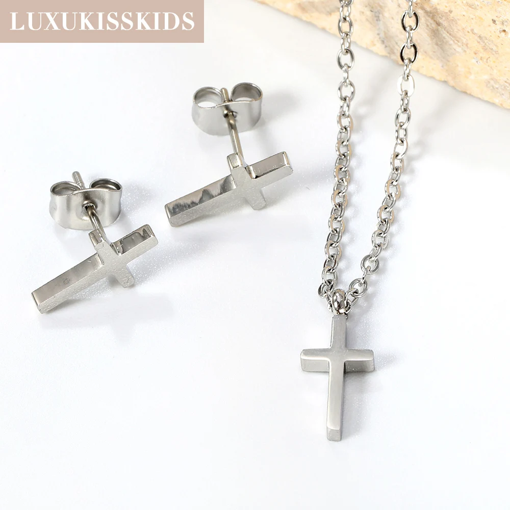 LUXUKISSKIDS Cross Charm Jewelry Set Stainless Steel Christian Necklace Woman/Men Simple Crosses Stud Earrings Classic Accessory