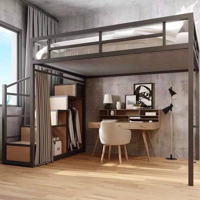 Upper and lower floors elevated wrought iron bed, household duplex economical iron frame bed apartment hotel space-saving iron
