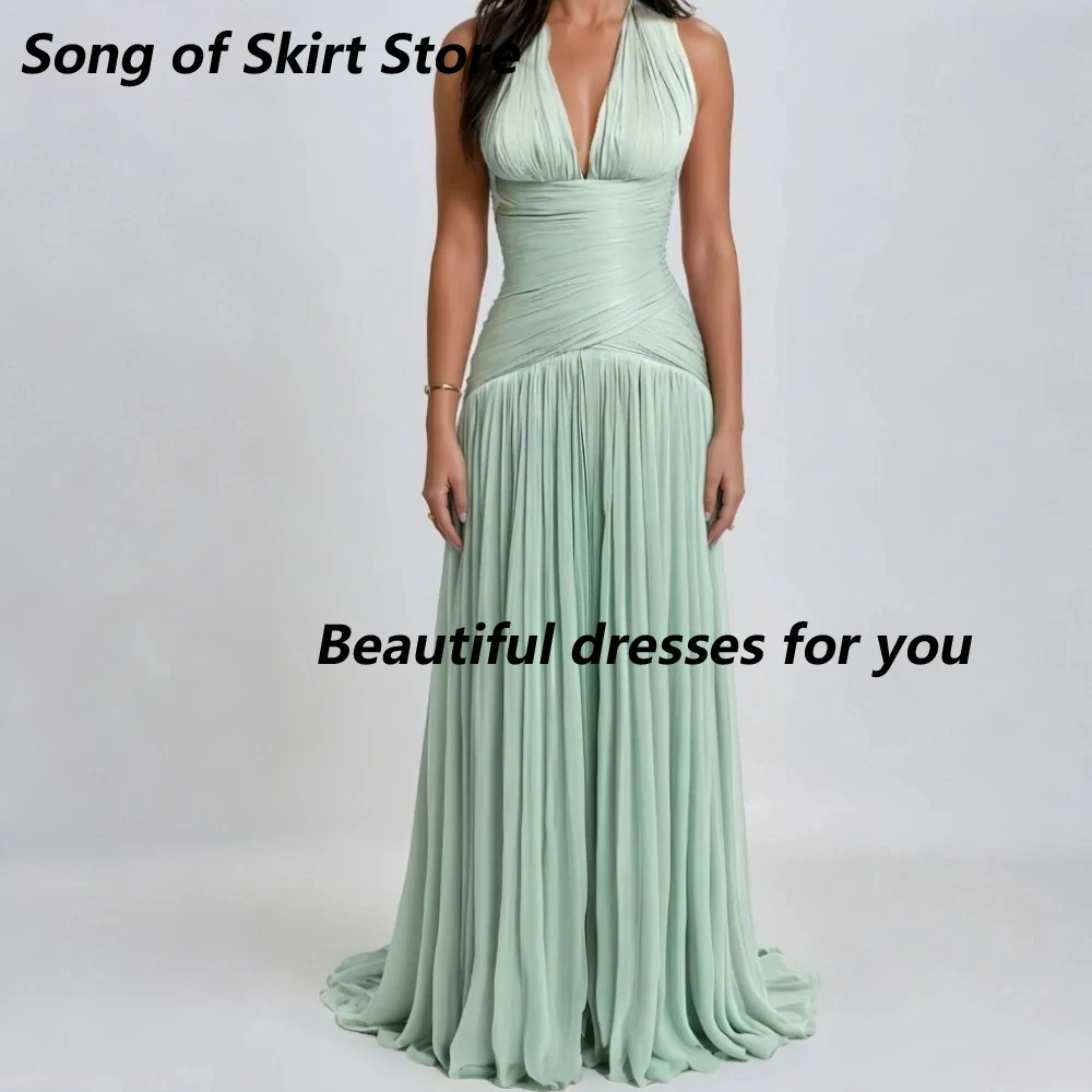 

Sexy Prom Gowns for Women Customized Halter V-Neck Sleeveless Spliced Folds Slim Slim Design Maxi Prom Dresses Female New