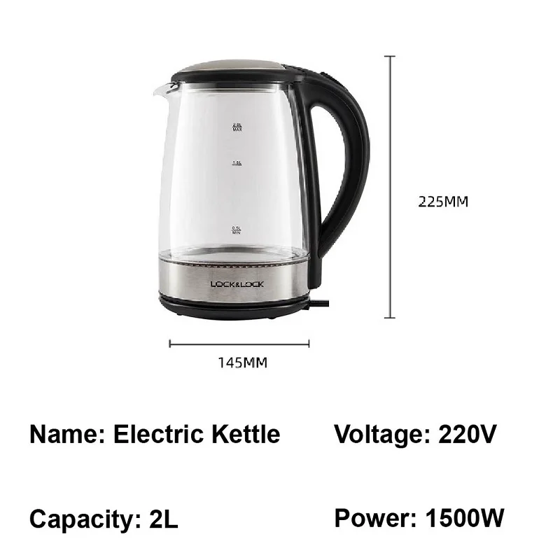 Hervidor de agua eléctrico de 1500W para el hogar, tetera de vidrio de luz azul de 2L, hervidor rápido para oficina, gran capacidad, apagado automático, 220V