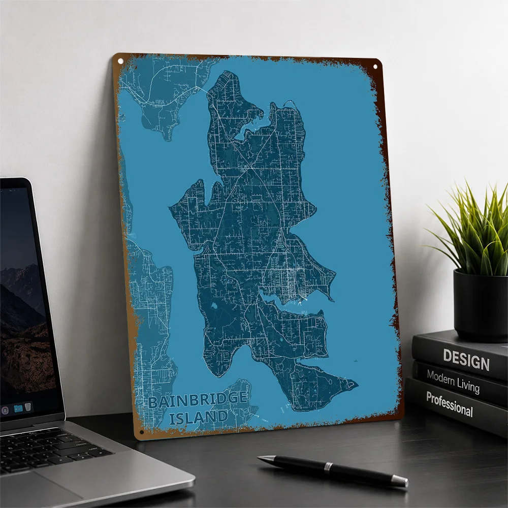 Bainbridge Island Map Detailed Topography Aluminum Poster Personalized Metal Tin Sign Terrain Survey Design Wall Art Study Decor