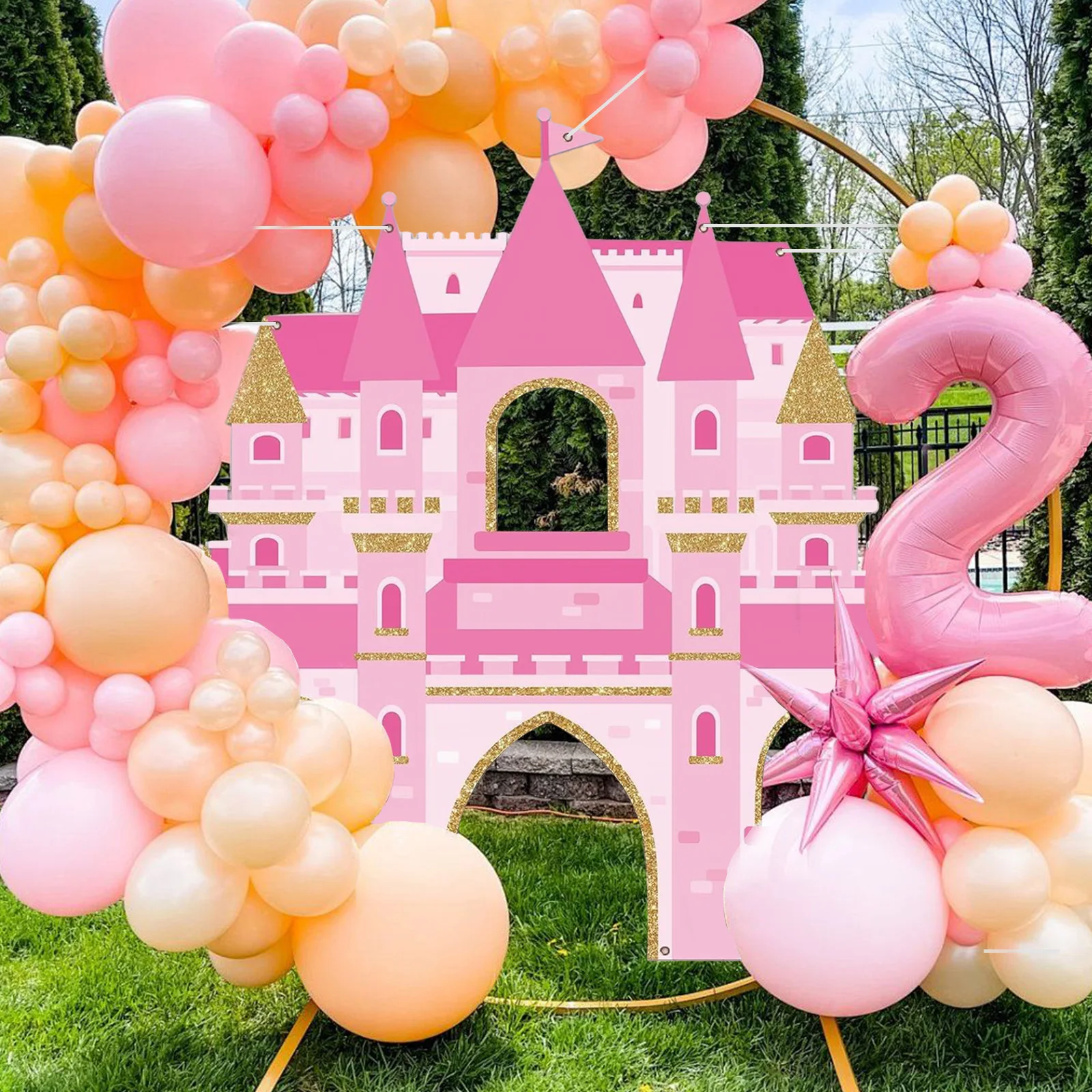 Accesorios para fotomatón de fiesta de Castillo rosa, telón de fondo para fotografía de princesa, suministros para fiesta de cumpleaños de Castillo Real rosa, decoración temática de princesa
